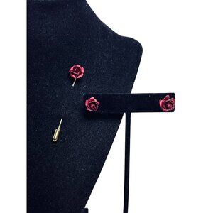 Gold Tone And Red Rose Stick Pin And Pierced Earrings Set (6182)